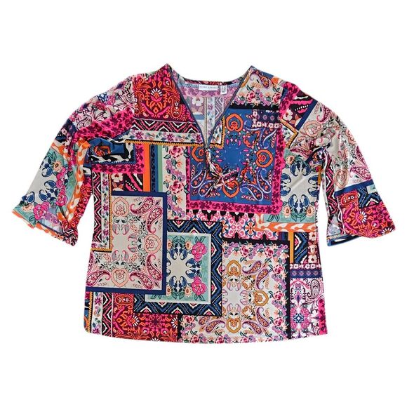Susan Graver Multicolor Patchwork Liquid Knit Top 3/4 Split Sleeve 1XL Zipper - Picture 1 of 8